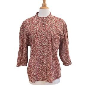 Lee Cotton Red Floral Short Sleeve Button Down Blouse, Band Collar Size L